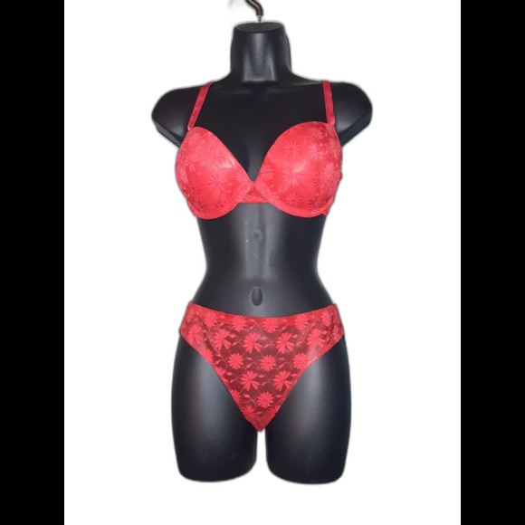 Youmita 38B Tomato Floral Lace Push Up Bra &Large Seamless Floral Lace Panty NWT - Picture 1 of 10